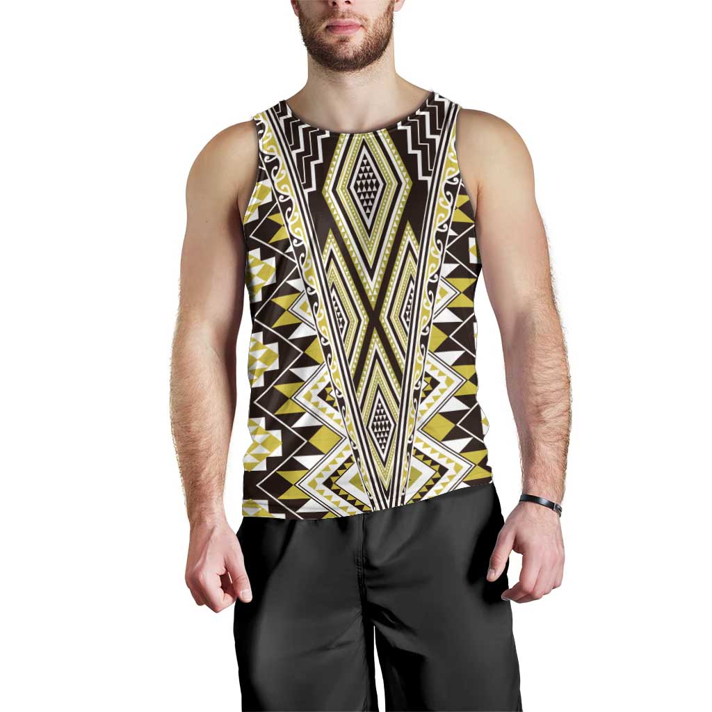 Yellow Aotearoa Tukutuku and Poutama Motif Men Tank Top LT03 - Polynesian Pride