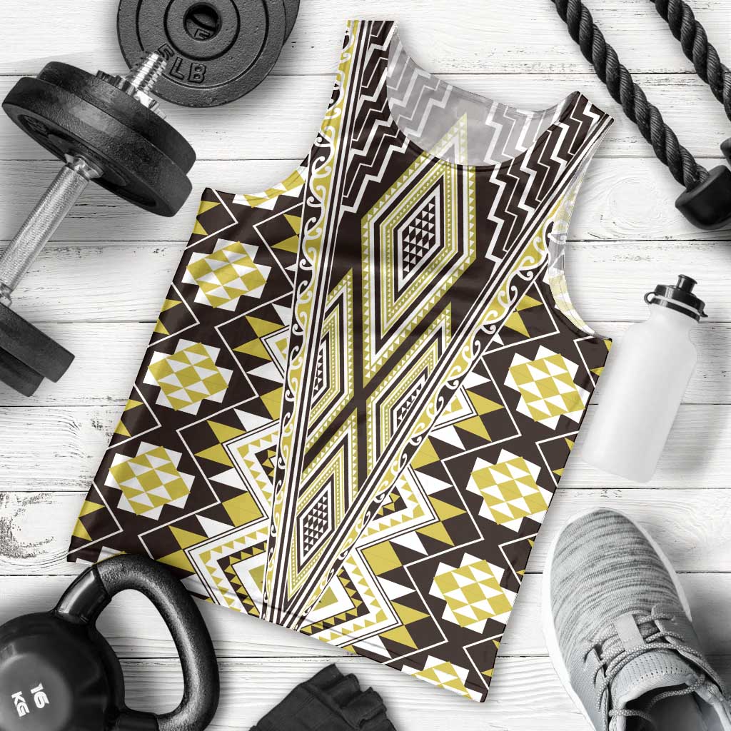 Yellow Aotearoa Tukutuku and Poutama Motif Men Tank Top LT03 - Polynesian Pride