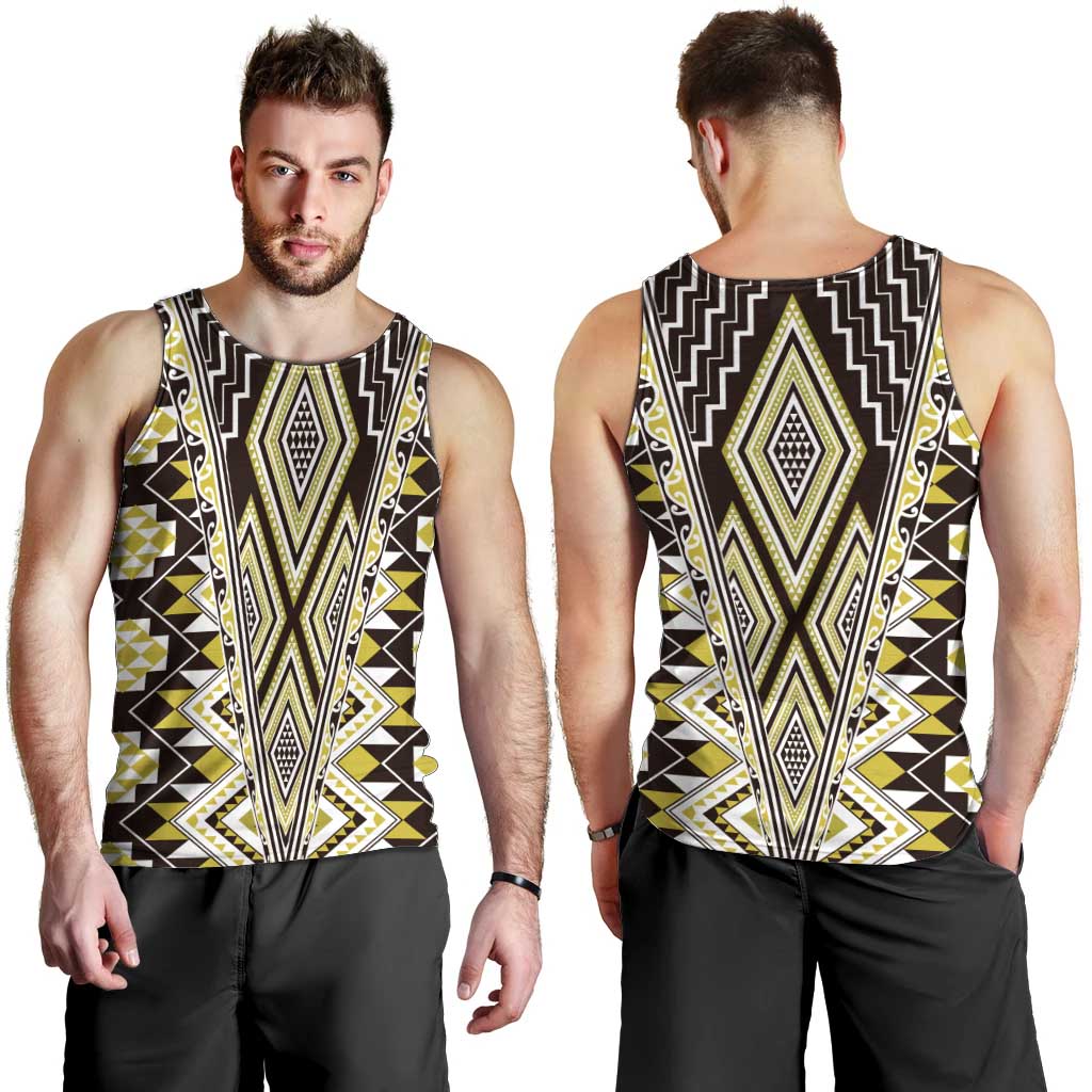 Yellow Aotearoa Tukutuku and Poutama Motif Men Tank Top LT03 - Polynesian Pride