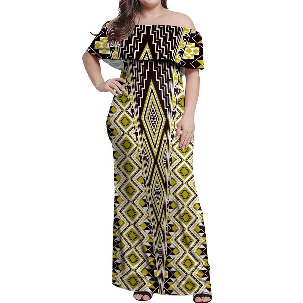 Yellow Aotearoa Tukutuku and Poutama Motif Off Shoulder Maxi Dress LT03 Women Yellow - Polynesian Pride