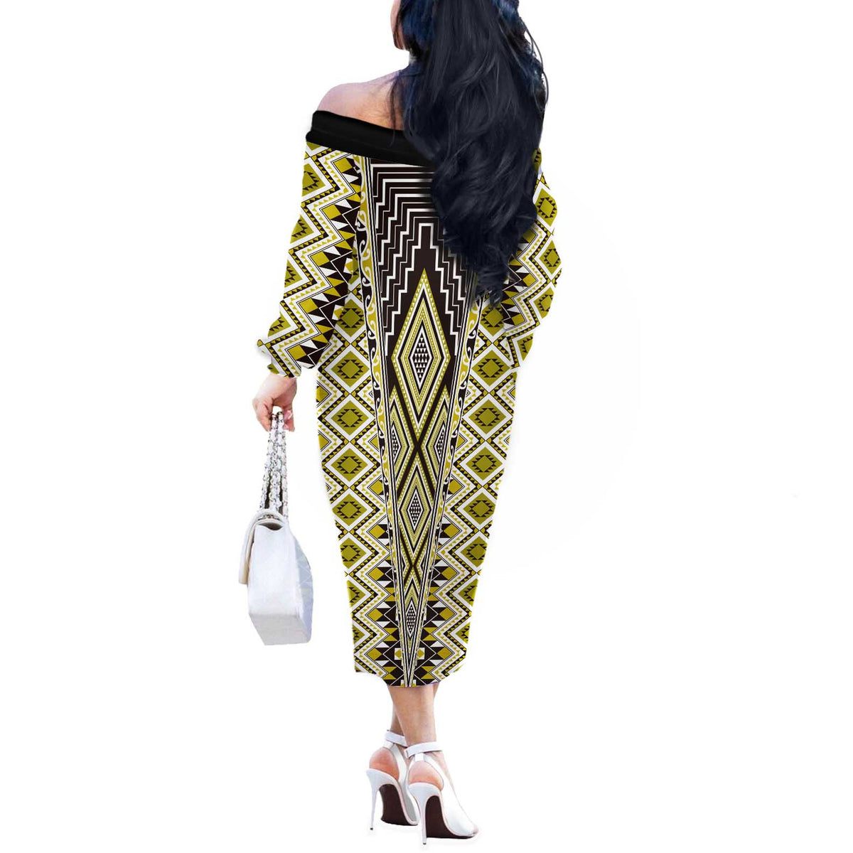 Yellow Aotearoa Tukutuku and Poutama Motif Off The Shoulder Long Sleeve Dress