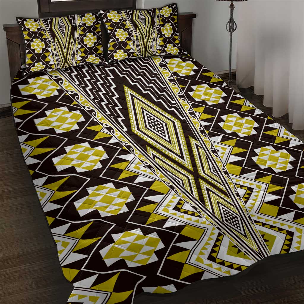 Yellow Aotearoa Tukutuku and Poutama Motif Quilt Bed Set LT03 Yellow - Polynesian Pride