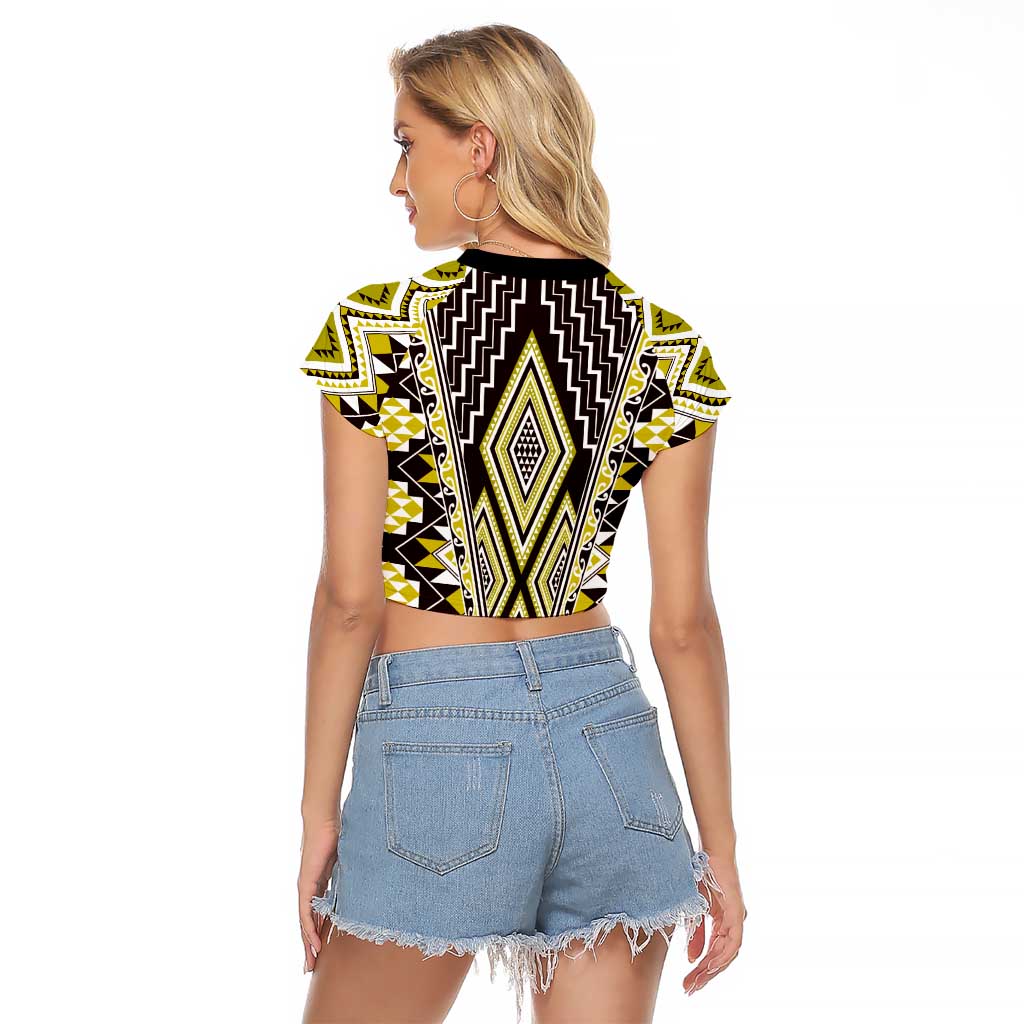 Yellow Aotearoa Tukutuku and Poutama Motif Raglan Cropped T Shirt LT03 - Polynesian Pride