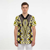 Yellow Aotearoa Tukutuku and Poutama Motif Scrub Top LT03 - Polynesian Pride