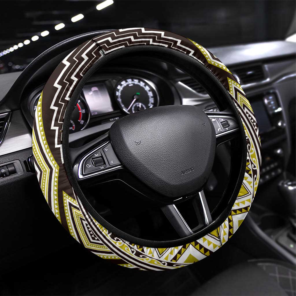 Yellow Aotearoa Tukutuku and Poutama Motif Steering Wheel Cover LT03 Universal Fit Yellow - Polynesian Pride