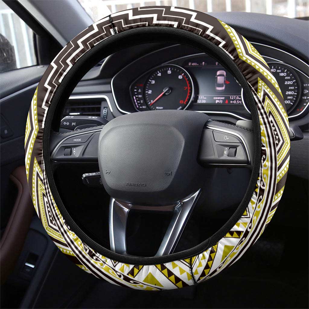 Yellow Aotearoa Tukutuku and Poutama Motif Steering Wheel Cover LT03 - Polynesian Pride