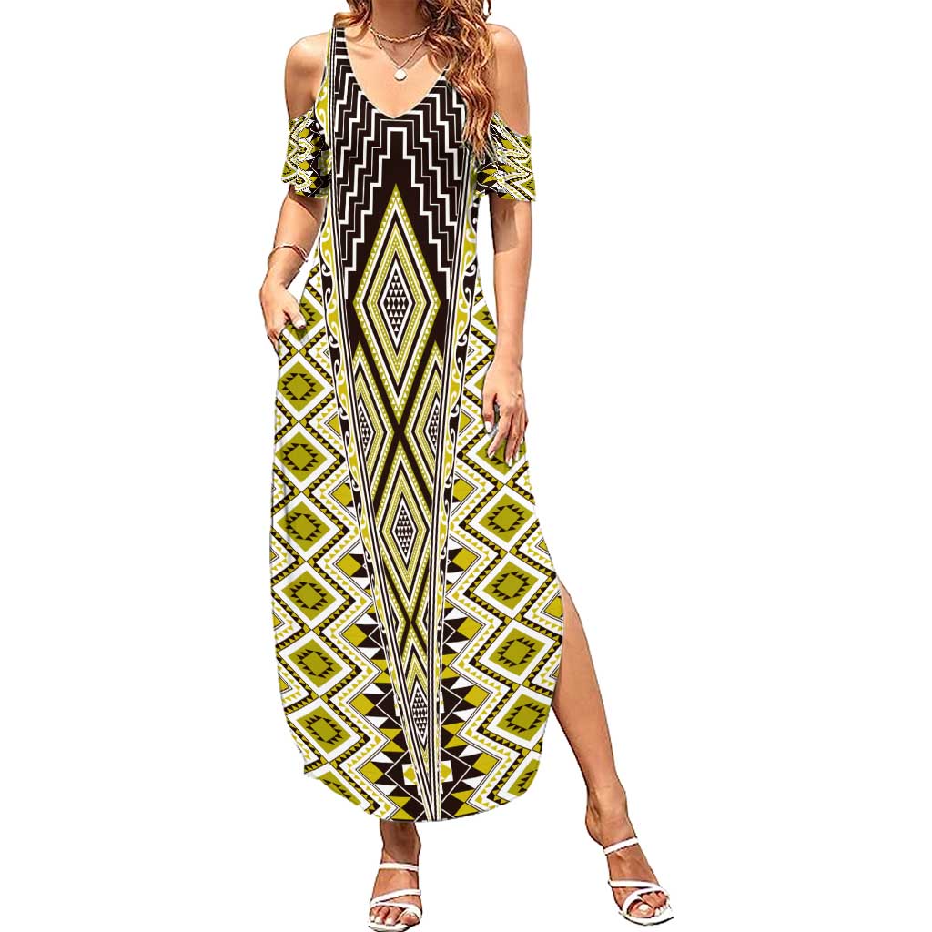 Yellow Aotearoa Tukutuku and Poutama Motif Summer Maxi Dress LT03 Women Yellow - Polynesian Pride