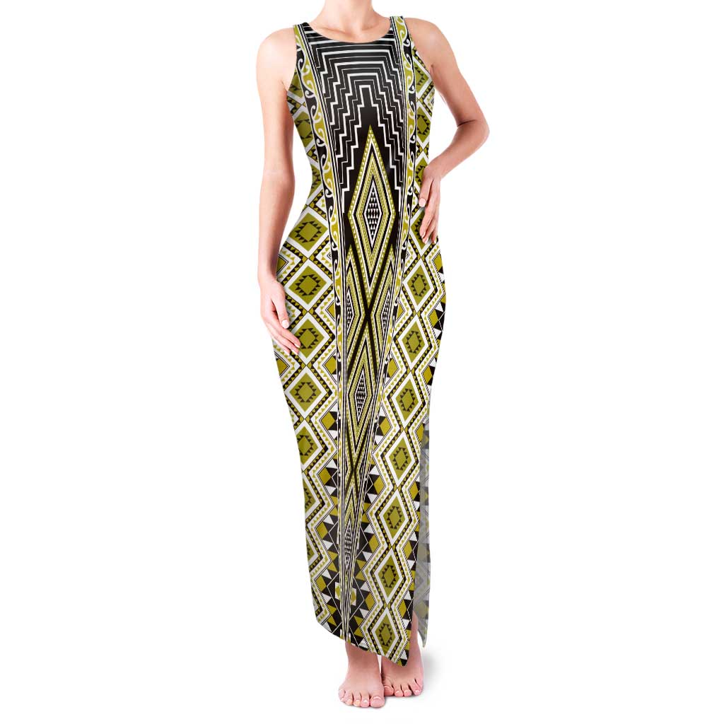Yellow Aotearoa Tukutuku and Poutama Motif Tank Maxi Dress LT03 Women Yellow - Polynesian Pride