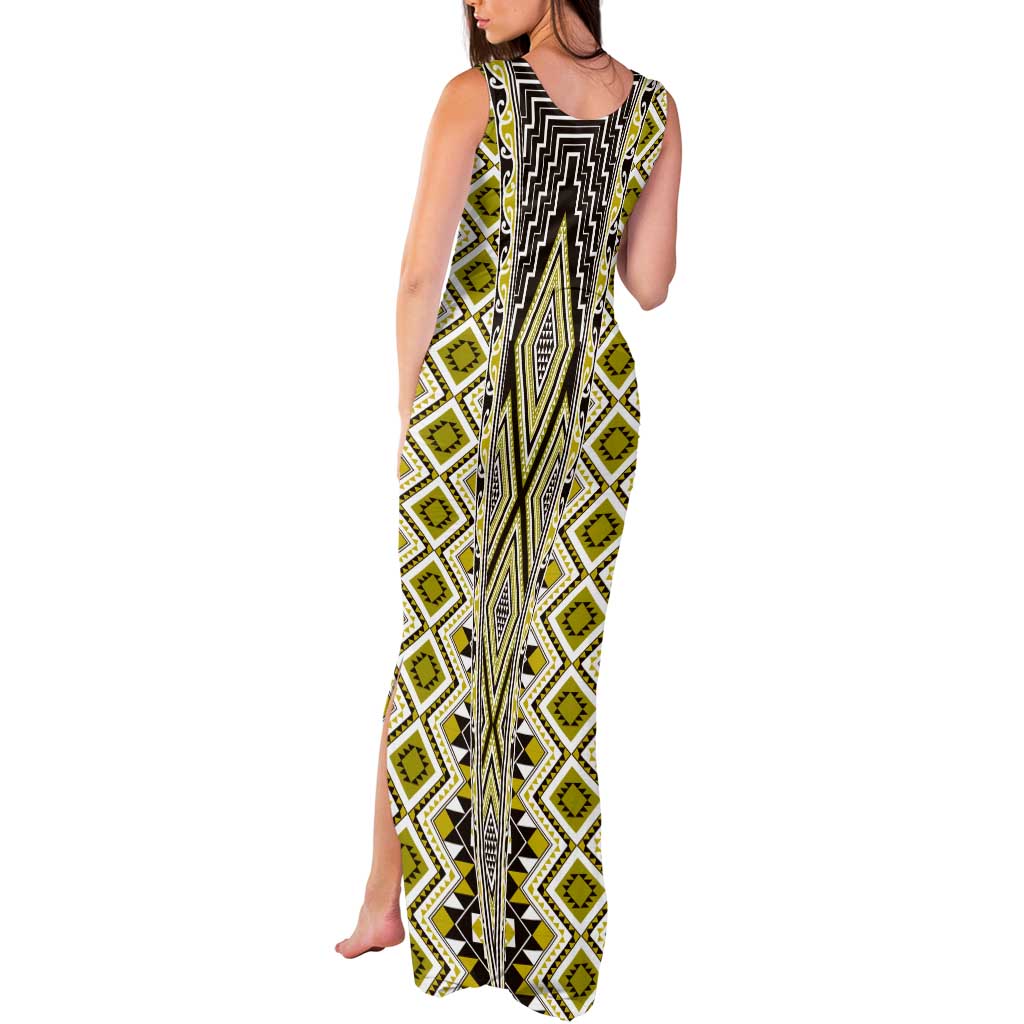 Yellow Aotearoa Tukutuku and Poutama Motif Tank Maxi Dress LT03 - Polynesian Pride