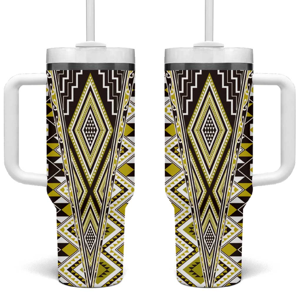 Yellow Aotearoa Tukutuku and Poutama Motif Tumbler With Handle LT03 One Size: 40 oz Yellow - Polynesian Pride