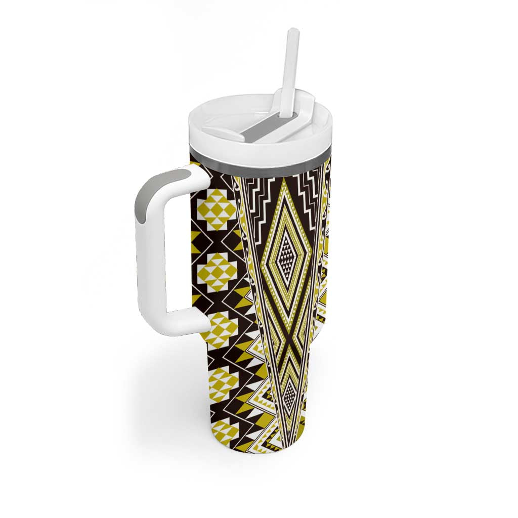 Yellow Aotearoa Tukutuku and Poutama Motif Tumbler With Handle LT03 - Polynesian Pride