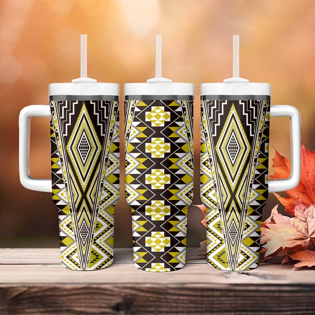 Yellow Aotearoa Tukutuku and Poutama Motif Tumbler With Handle LT03 - Polynesian Pride