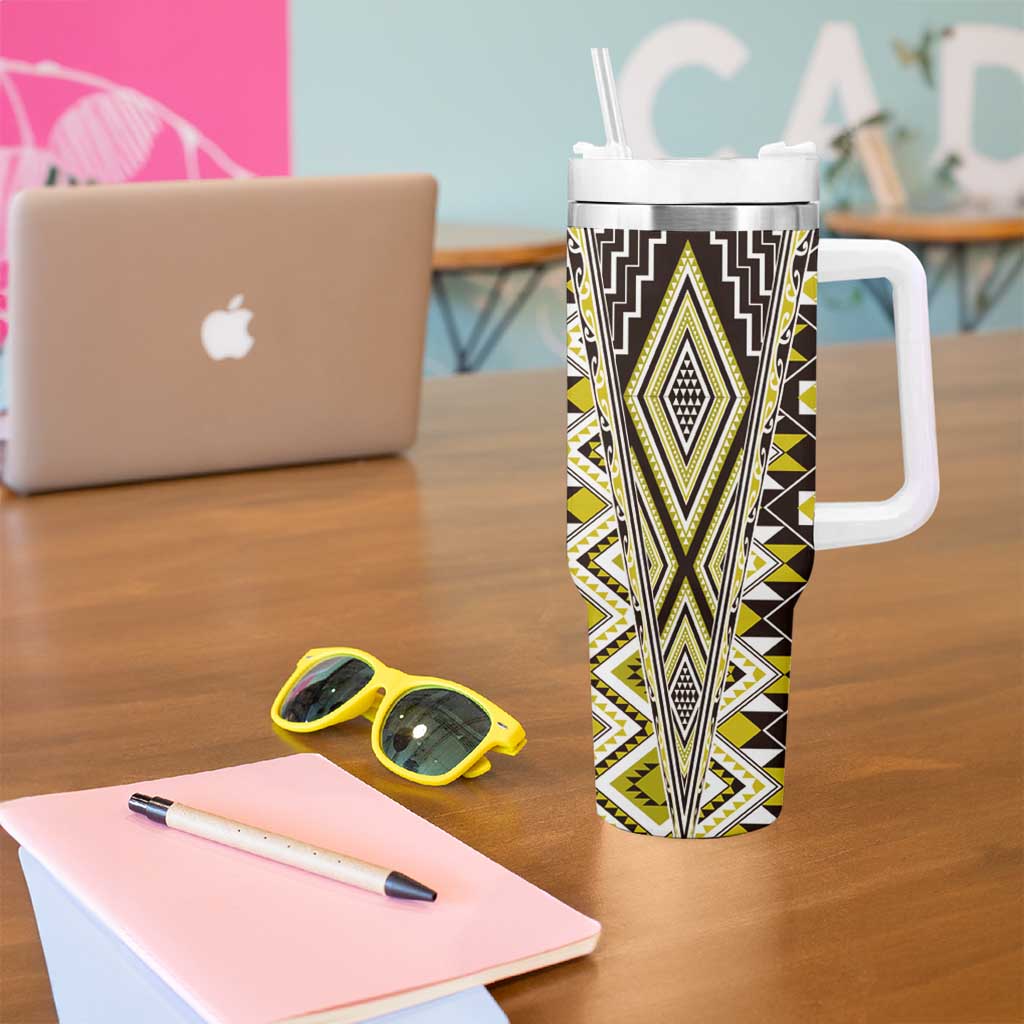 Yellow Aotearoa Tukutuku and Poutama Motif Tumbler With Handle LT03 - Polynesian Pride