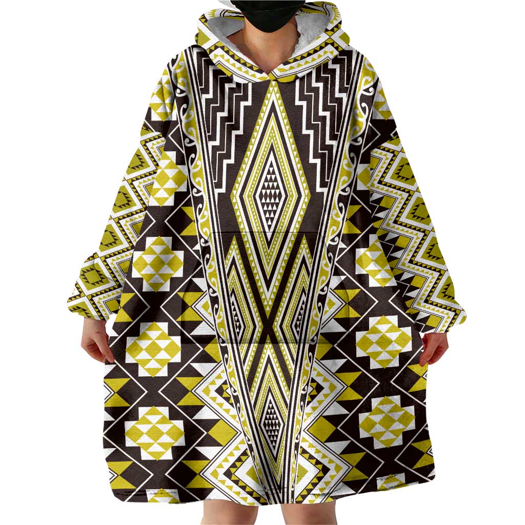 Yellow Aotearoa Tukutuku and Poutama Motif Wearable Blanket Hoodie LT03 - Polynesian Pride