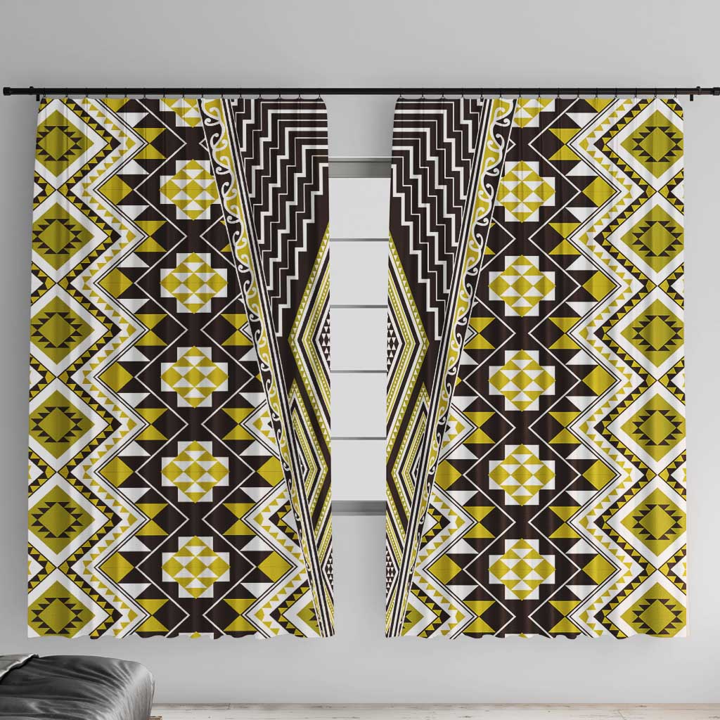 Yellow Aotearoa Tukutuku and Poutama Motif Window Curtain LT03 With Hooks Yellow - Polynesian Pride