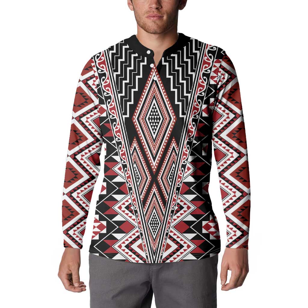 Red Aotearoa Tukutuku and Poutama Motif Button Sweatshirt LT03 - Polynesian Pride