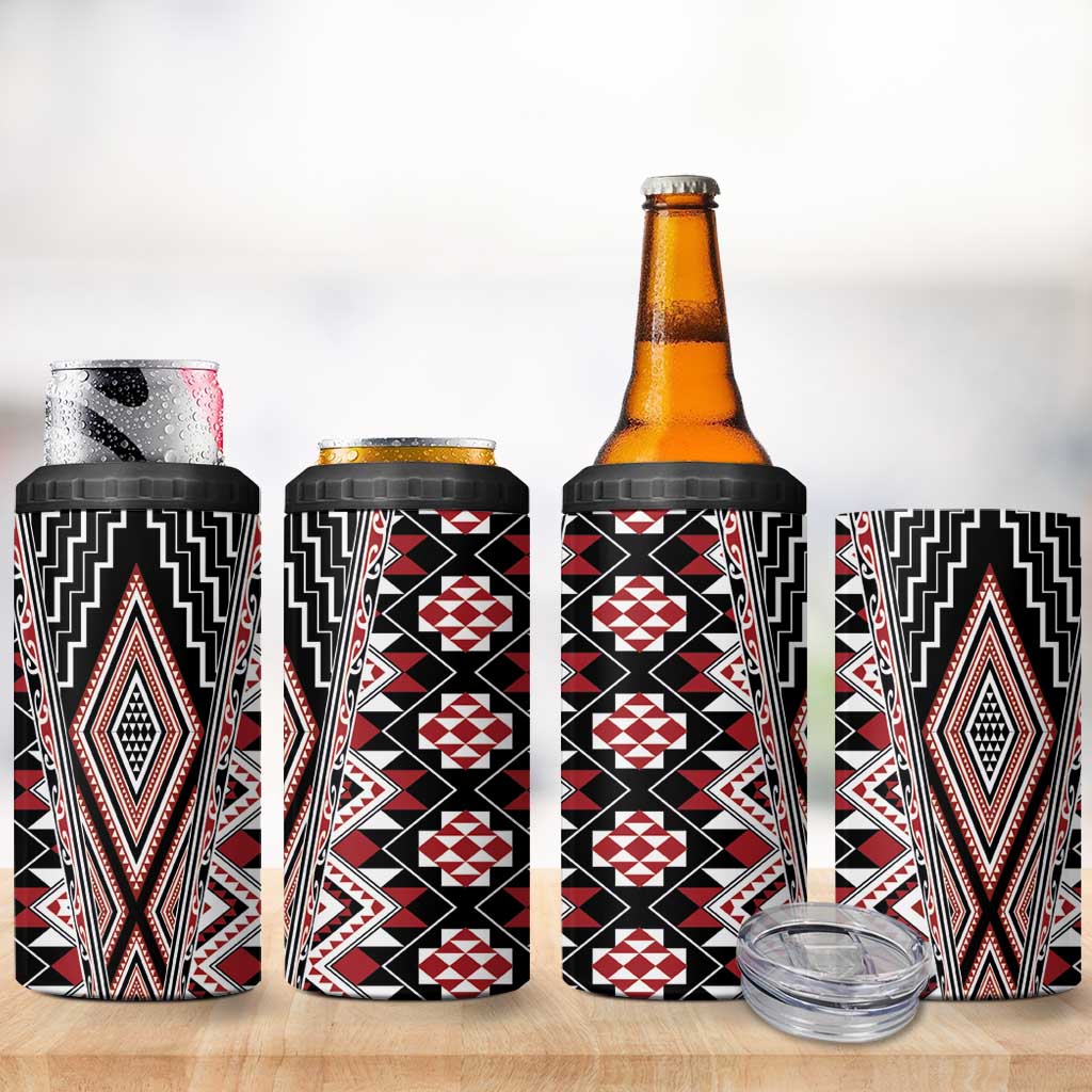 Red Aotearoa Tukutuku and Poutama Motif 4 in 1 Can Cooler Tumbler LT03 - Polynesian Pride