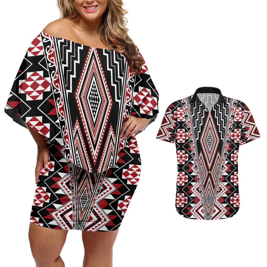 Red Aotearoa Tukutuku and Poutama Motif Couples Matching Off Shoulder Short Dress and Hawaiian Shirt LT03 Red - Polynesian Pride