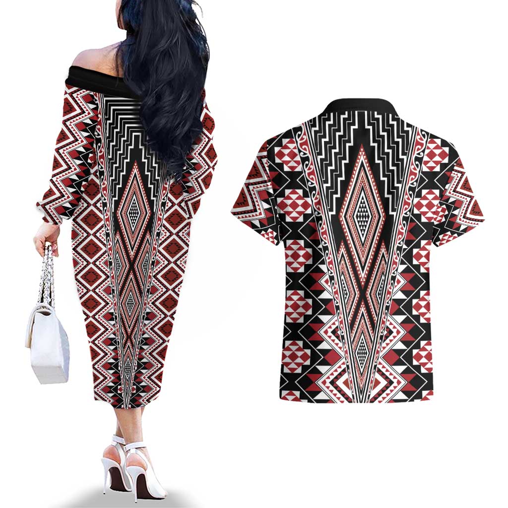 Red Aotearoa Tukutuku and Poutama Motif Couples Matching Off The Shoulder Long Sleeve Dress and Hawaiian Shirt