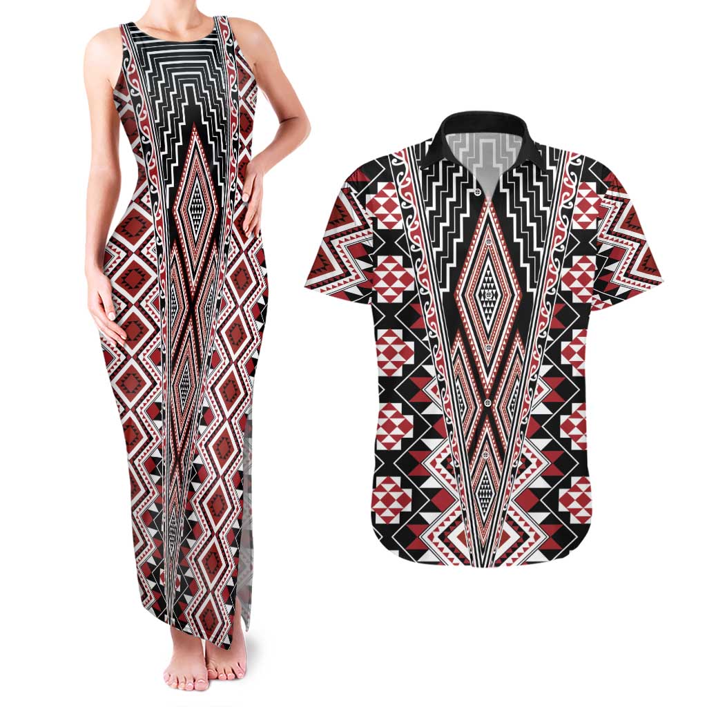 Red Aotearoa Tukutuku and Poutama Motif Couples Matching Tank Maxi Dress and Hawaiian Shirt LT03 Red - Polynesian Pride