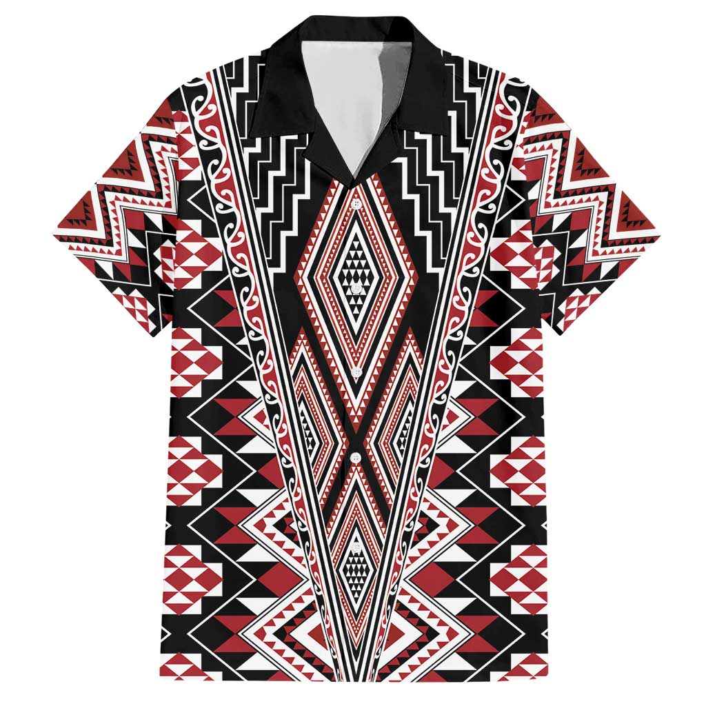 Red Aotearoa Tukutuku and Poutama Motif Family Matching Short Sleeve Bodycon Dress and Hawaiian Shirt