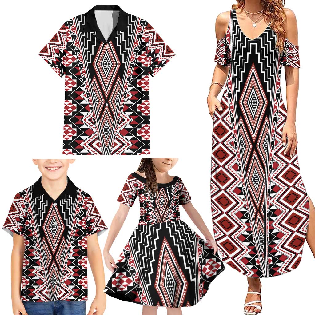 Red Aotearoa Tukutuku and Poutama Motif Family Matching Summer Maxi Dress and Hawaiian Shirt