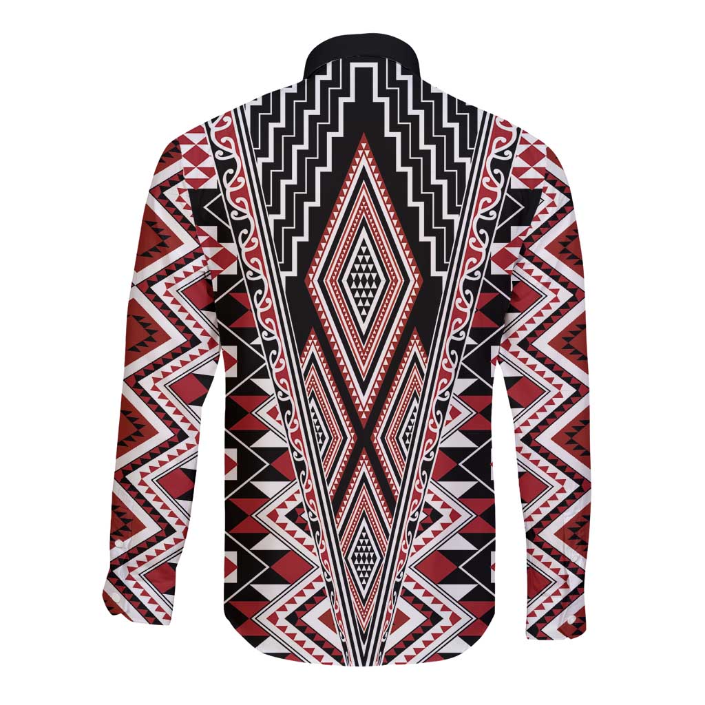 Red Aotearoa Tukutuku and Poutama Motif Long Sleeve Button Shirt