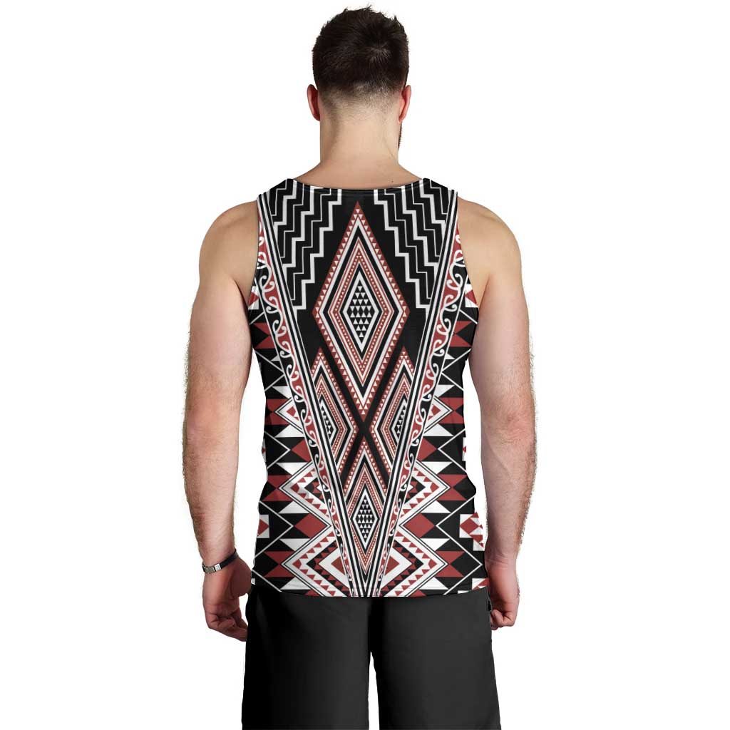 Red Aotearoa Tukutuku and Poutama Motif Men Tank Top LT03 - Polynesian Pride