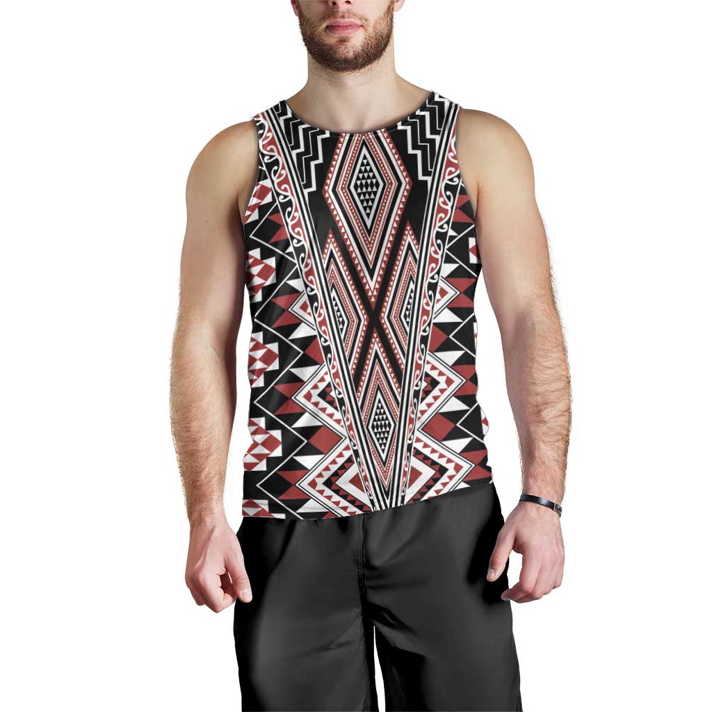 Red Aotearoa Tukutuku and Poutama Motif Men Tank Top LT03 - Polynesian Pride