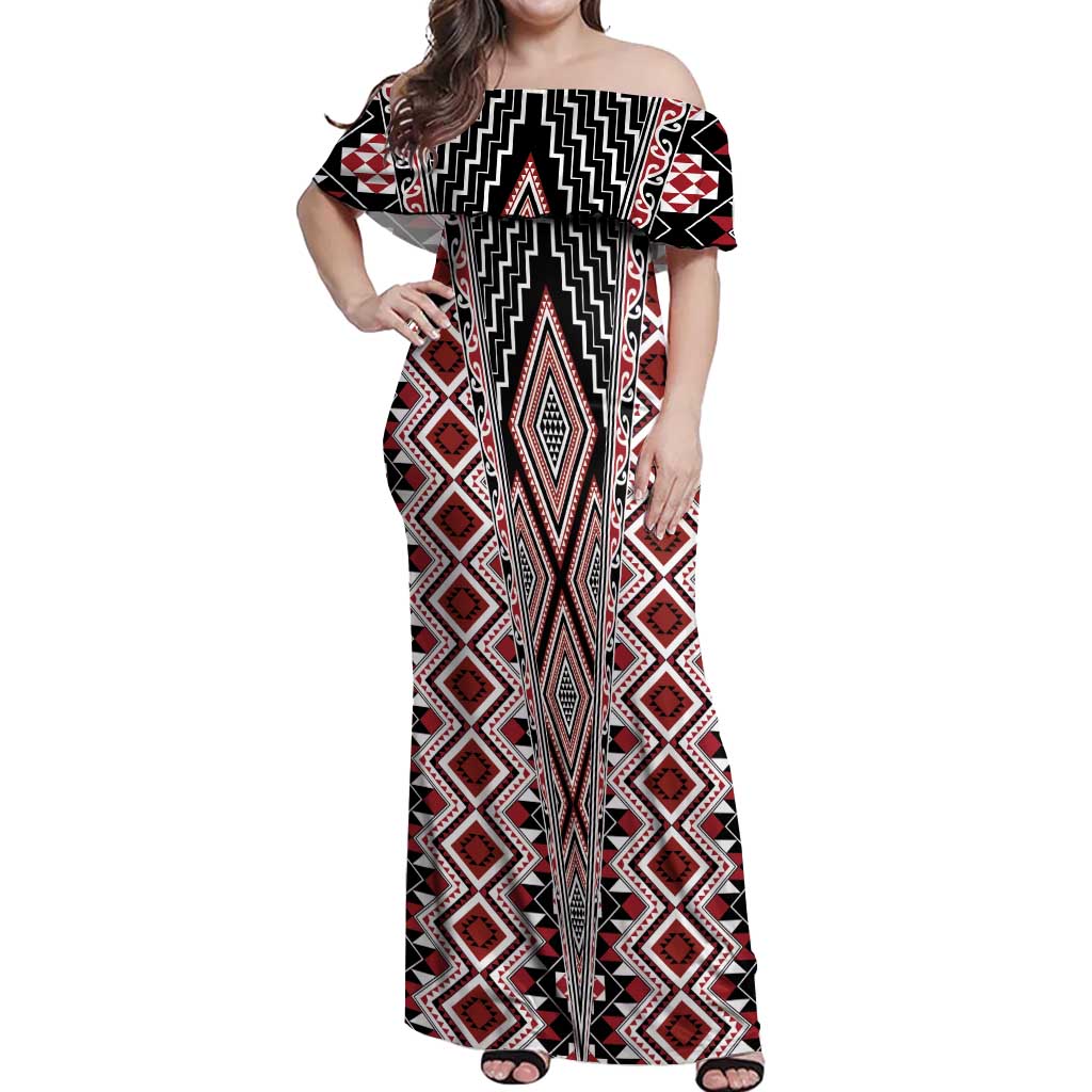 Red Aotearoa Tukutuku and Poutama Motif Off Shoulder Maxi Dress LT03 Women Red - Polynesian Pride
