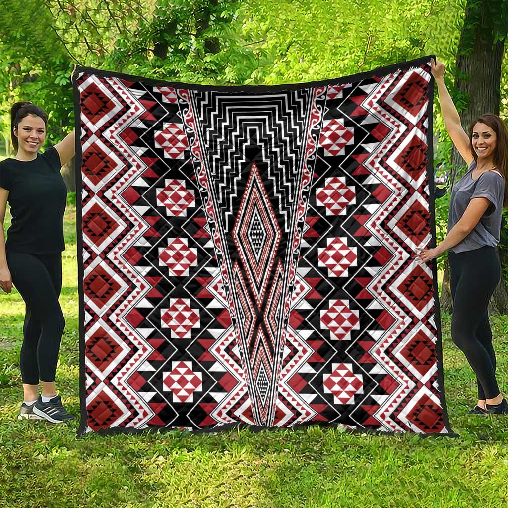 Red Aotearoa Tukutuku and Poutama Motif Quilt