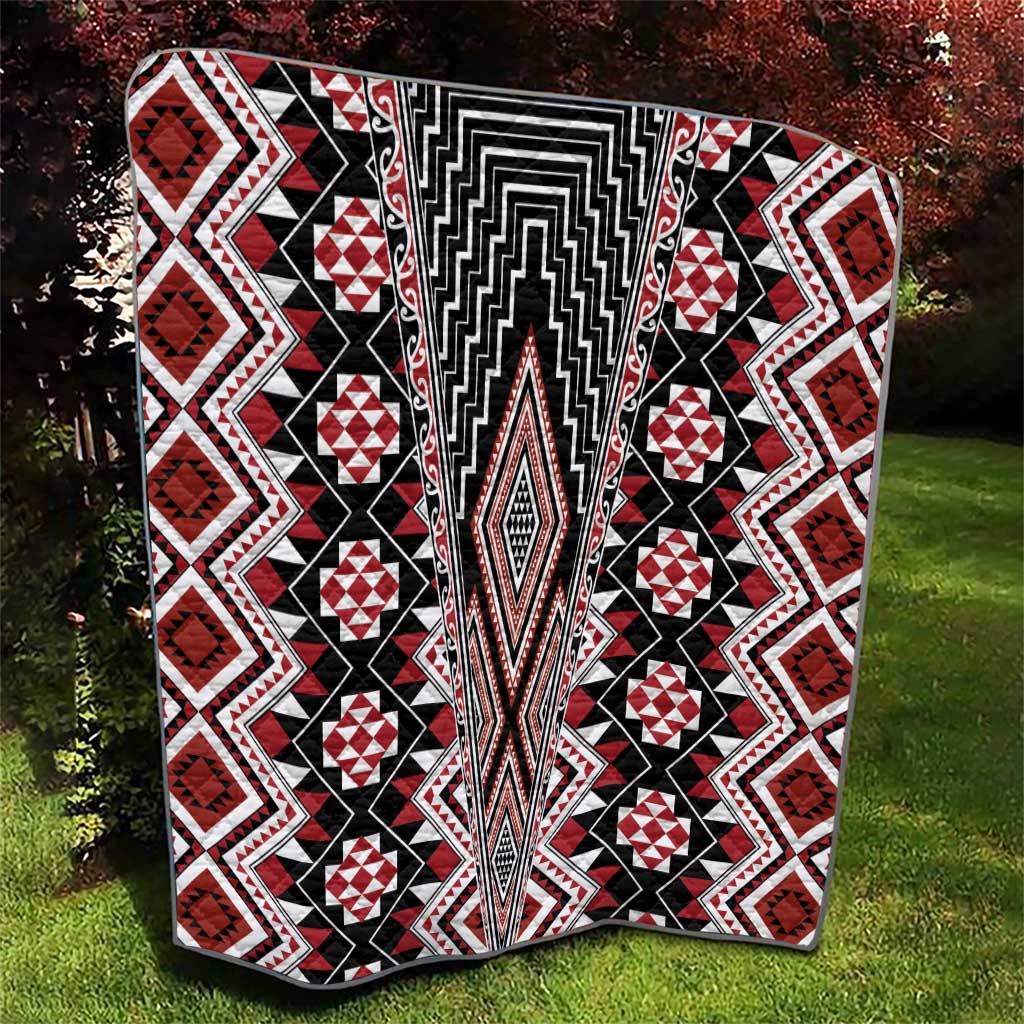 Red Aotearoa Tukutuku and Poutama Motif Quilt