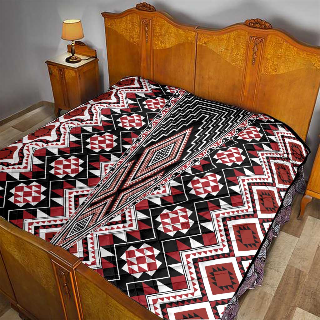 Red Aotearoa Tukutuku and Poutama Motif Quilt