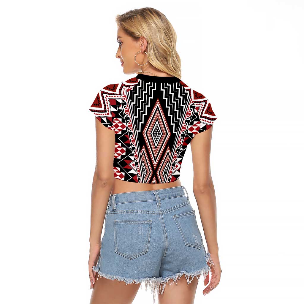 Red Aotearoa Tukutuku and Poutama Motif Raglan Cropped T Shirt LT03 - Polynesian Pride