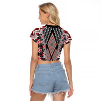 Red Aotearoa Tukutuku and Poutama Motif Raglan Cropped T Shirt LT03 - Polynesian Pride
