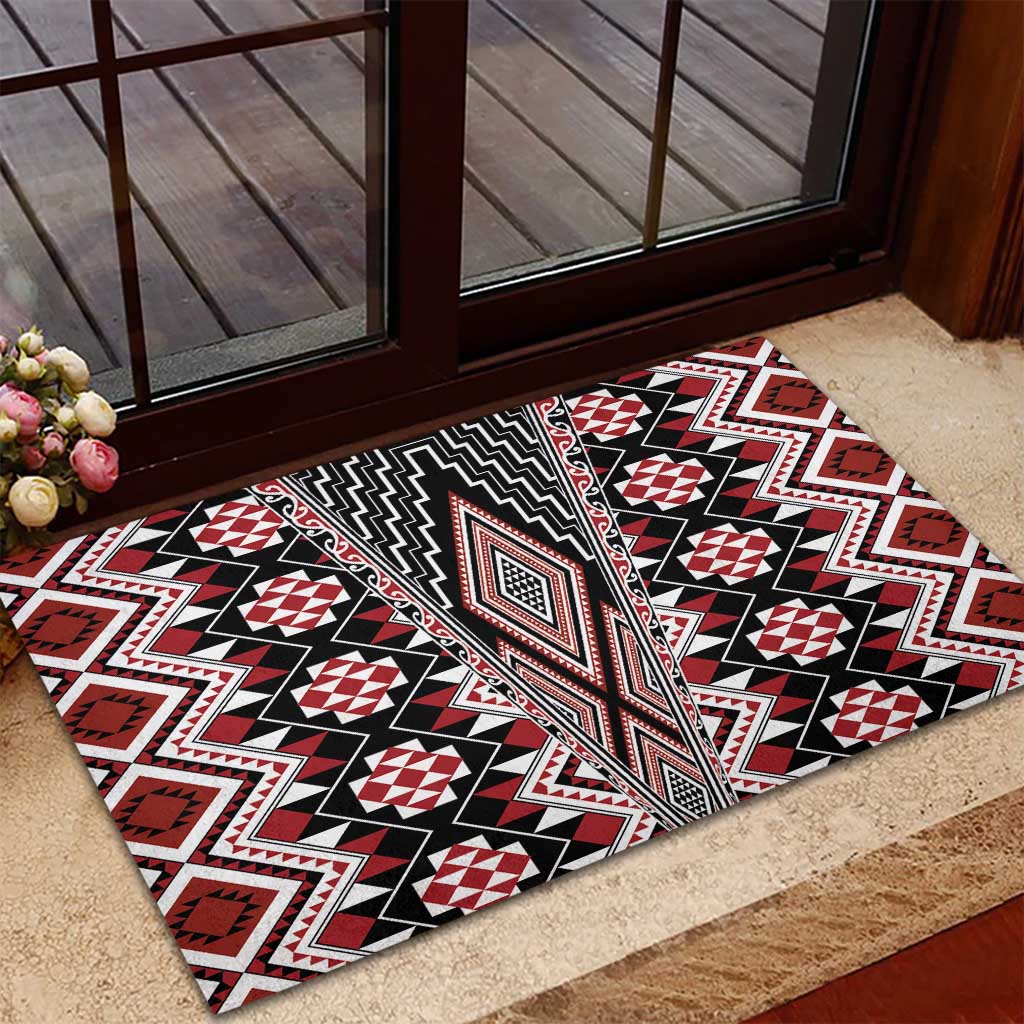 Red Aotearoa Tukutuku and Poutama Motif Rubber Doormat LT03 - Polynesian Pride