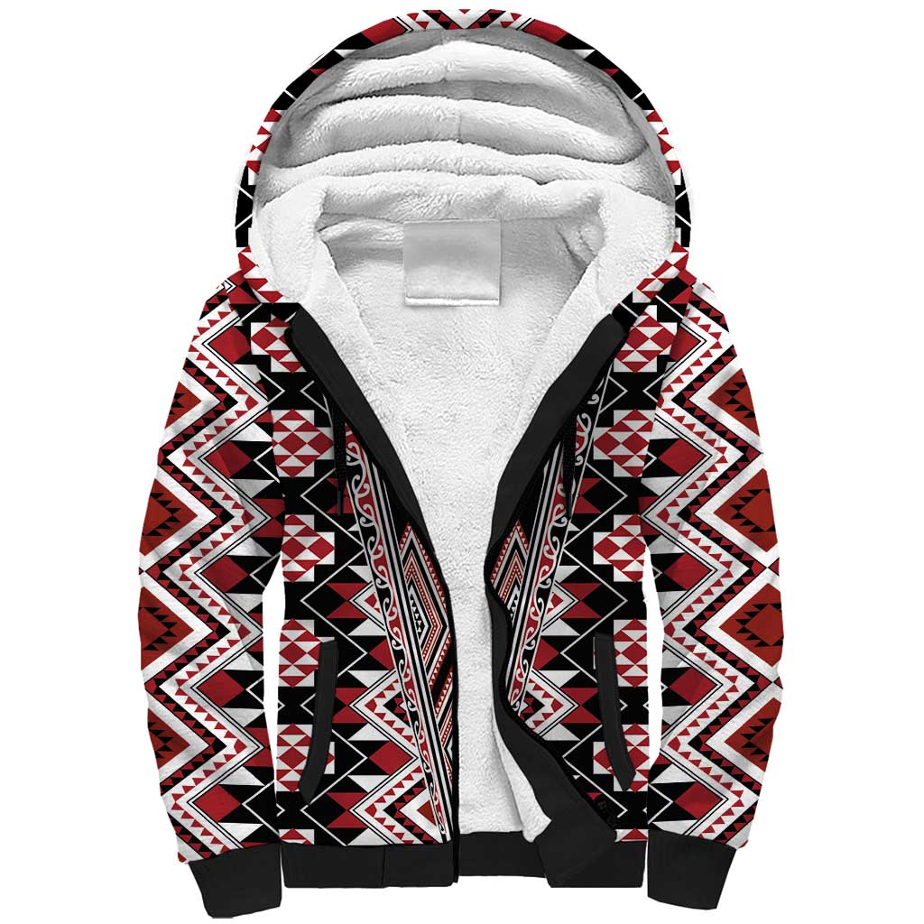 Red Aotearoa Tukutuku and Poutama Motif Sherpa Hoodie LT03 Unisex Red - Polynesian Pride