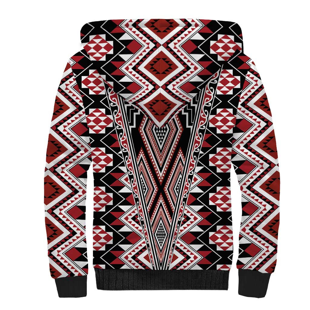 Red Aotearoa Tukutuku and Poutama Motif Sherpa Hoodie LT03 - Polynesian Pride