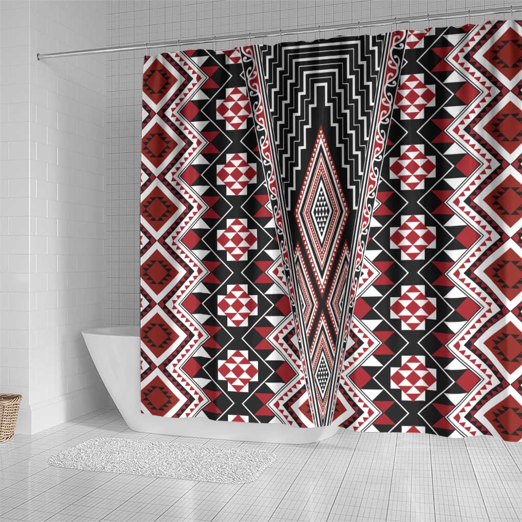 Red Aotearoa Tukutuku and Poutama Motif Shower Curtain