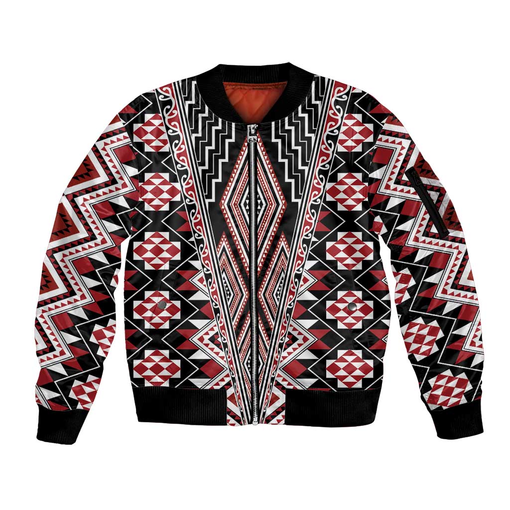 Red Aotearoa Tukutuku and Poutama Motif Sleeve Zip Bomber Jacket