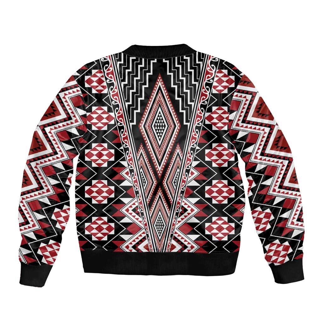 Red Aotearoa Tukutuku and Poutama Motif Sleeve Zip Bomber Jacket
