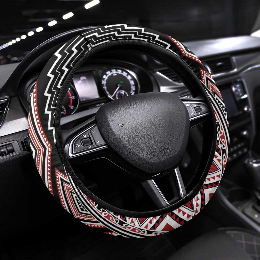 Red Aotearoa Tukutuku and Poutama Motif Steering Wheel Cover LT03 Universal Fit Red - Polynesian Pride