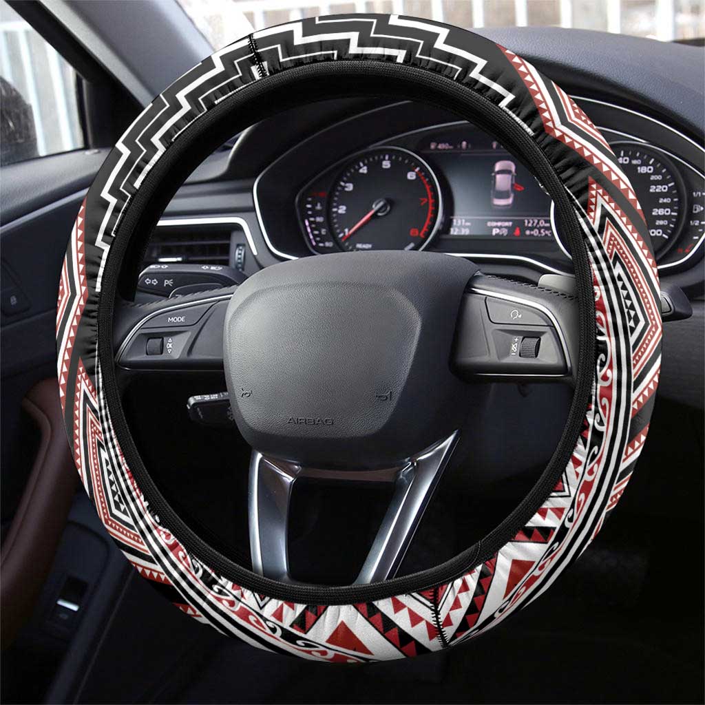 Red Aotearoa Tukutuku and Poutama Motif Steering Wheel Cover LT03 - Polynesian Pride