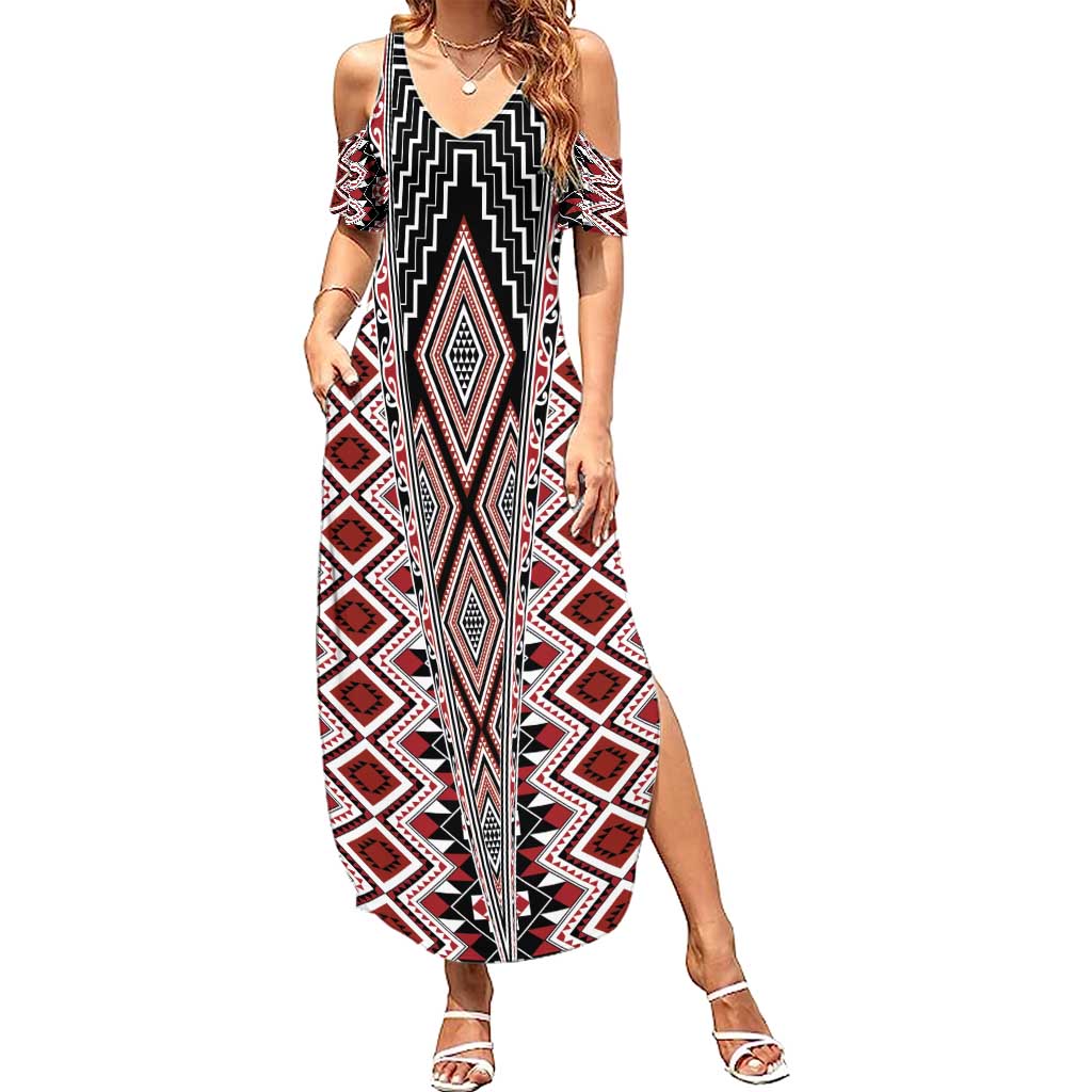 Red Aotearoa Tukutuku and Poutama Motif Summer Maxi Dress LT03 Women Red - Polynesian Pride