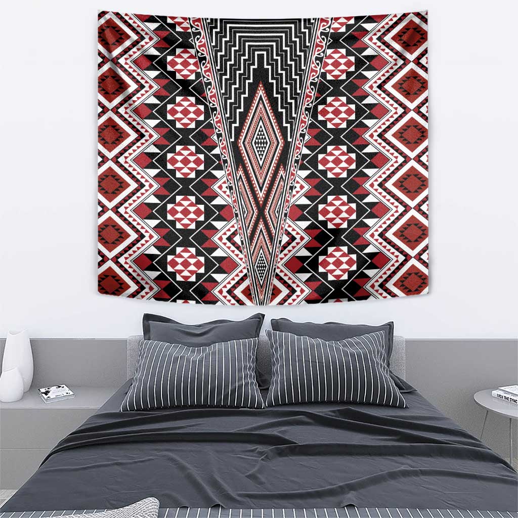 Red Aotearoa Tukutuku and Poutama Motif Tapestry