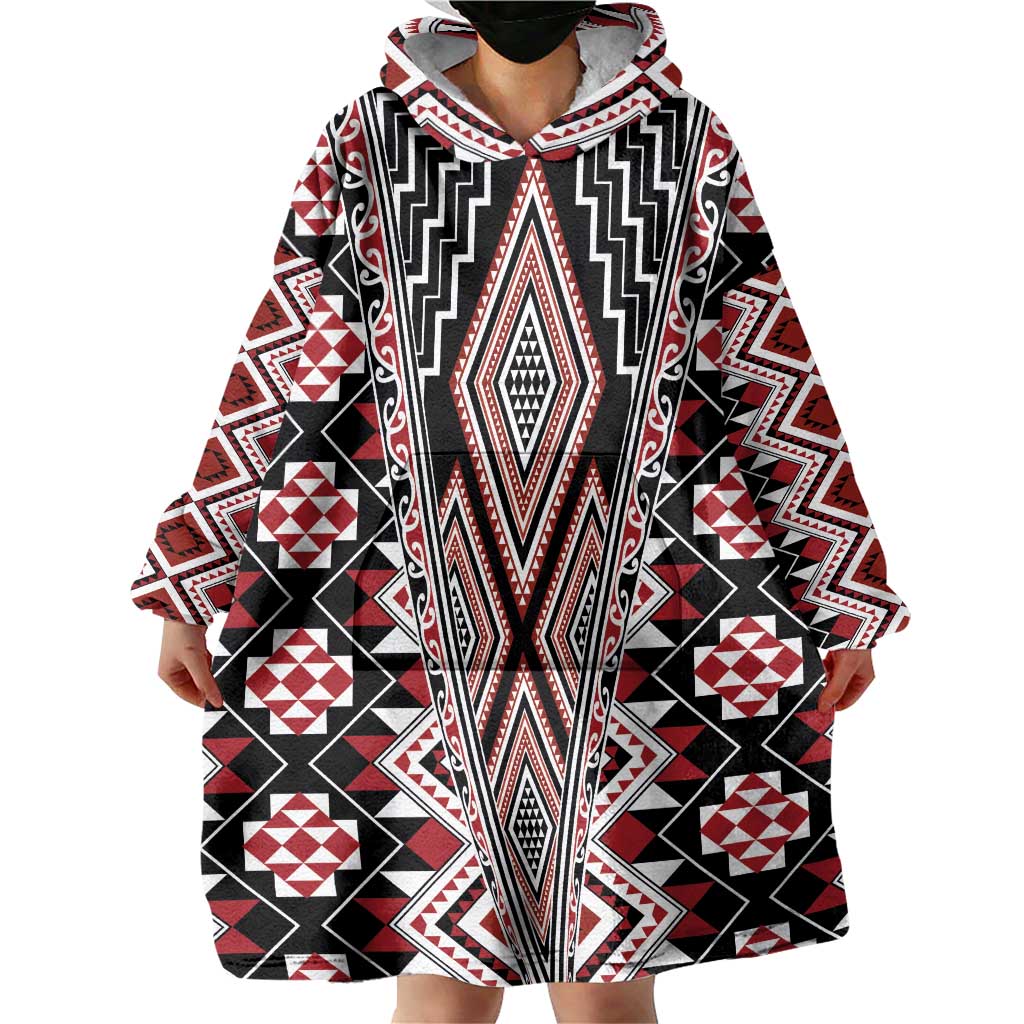 Red Aotearoa Tukutuku and Poutama Motif Wearable Blanket Hoodie LT03 - Polynesian Pride