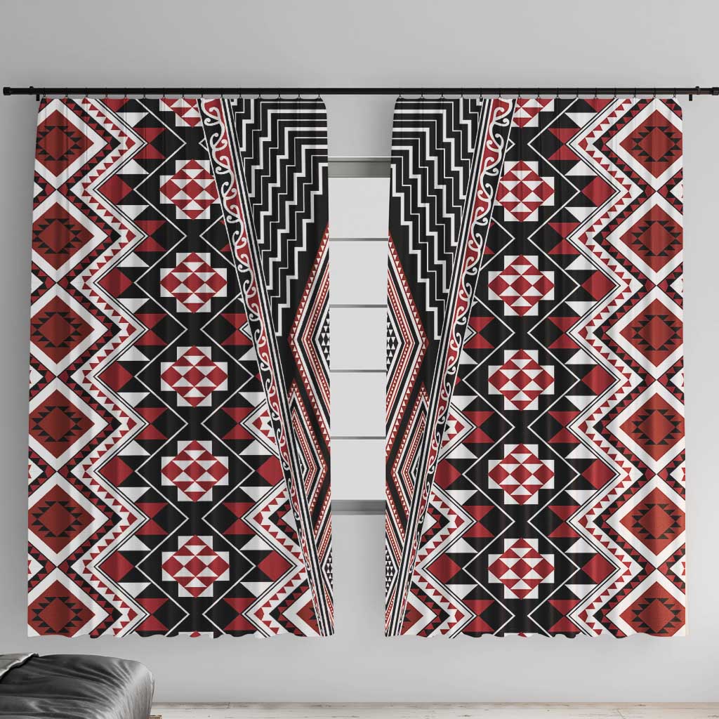 Red Aotearoa Tukutuku and Poutama Motif Window Curtain LT03 With Hooks Red - Polynesian Pride