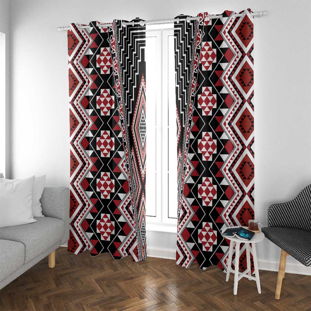 Red Aotearoa Tukutuku and Poutama Motif Window Curtain LT03 With Grommets Red - Polynesian Pride