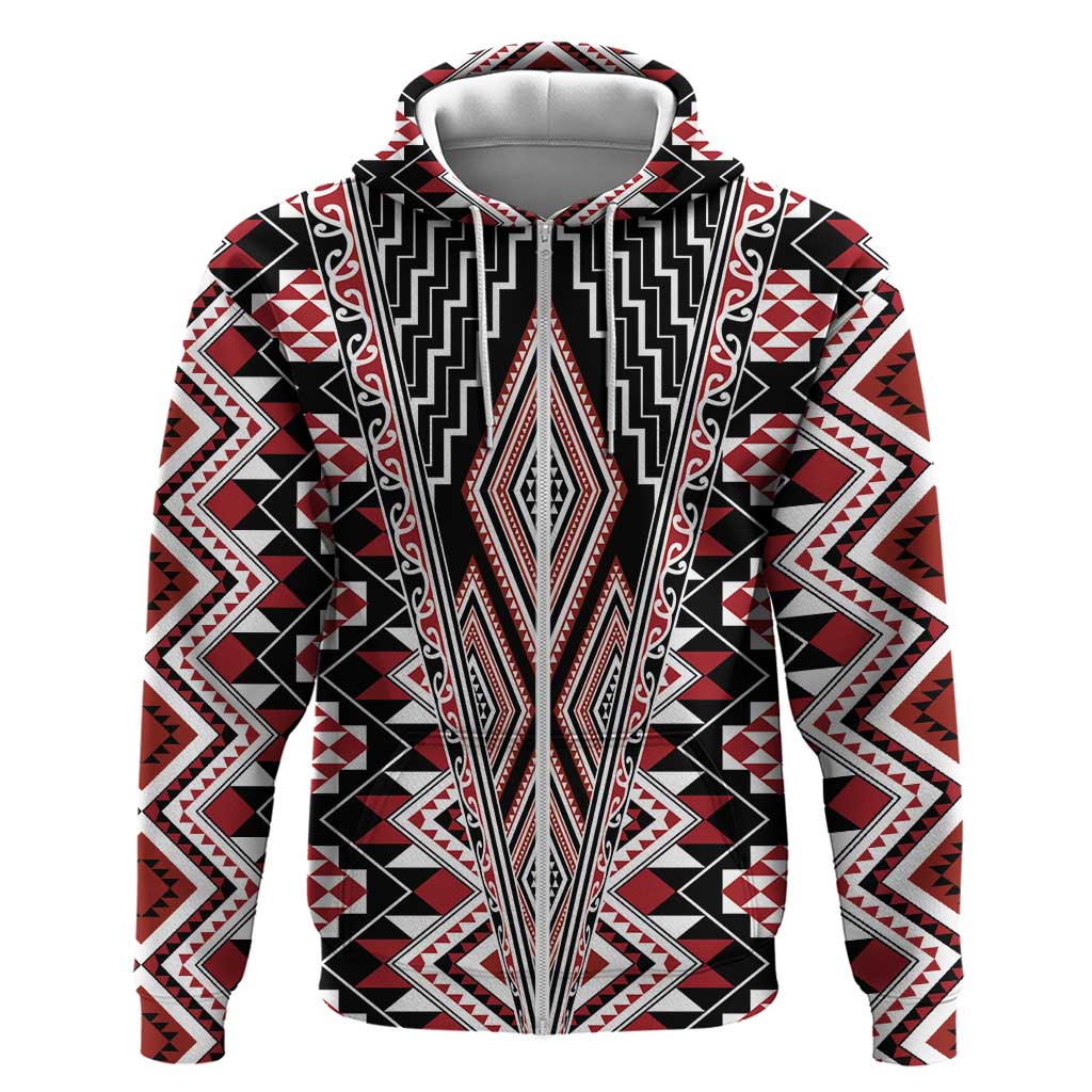 Red Aotearoa Tukutuku and Poutama Motif Zip Hoodie