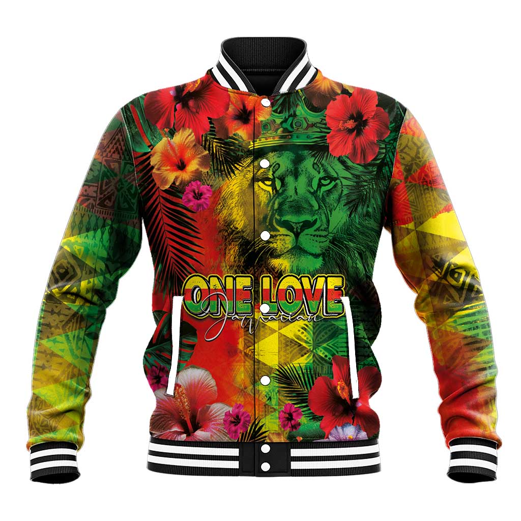 Hawaiian Reggae Baseball Jacket Tropical Plants and Tribal Kakau Tattoo-One Love Jawaiian LT03 Unisex Reggae - Polynesian Pride